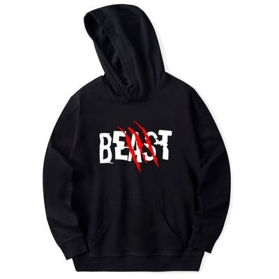 black hoodie with with letters spelling Beast with red claws marks