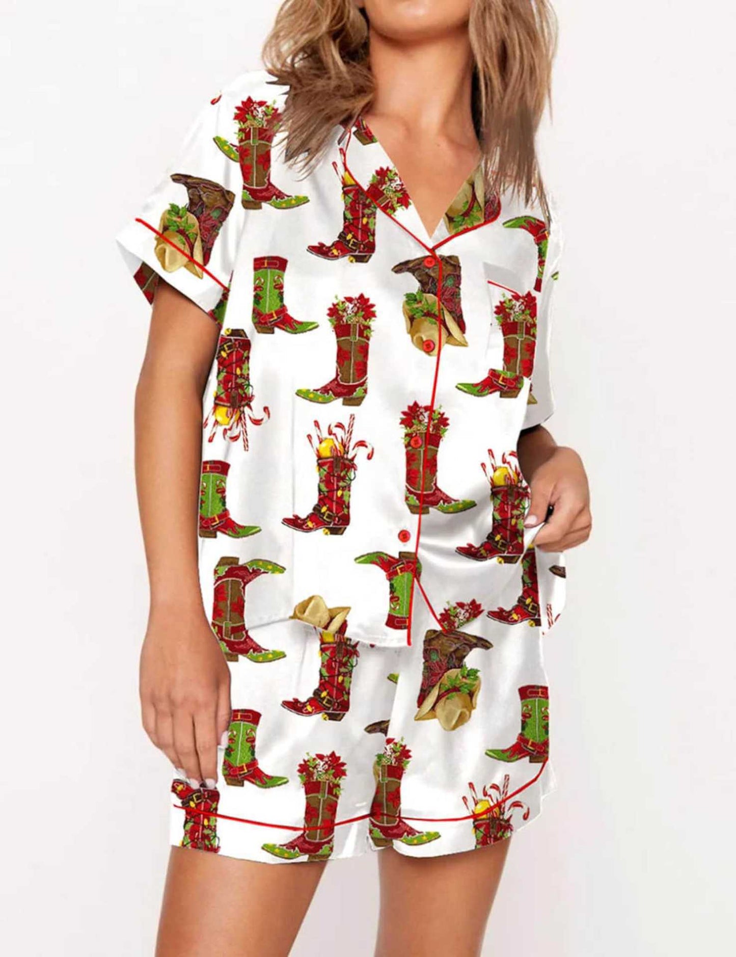 Autumn Christmas Digital Printing Lapel Short Casual Women's Home Pajamas Set