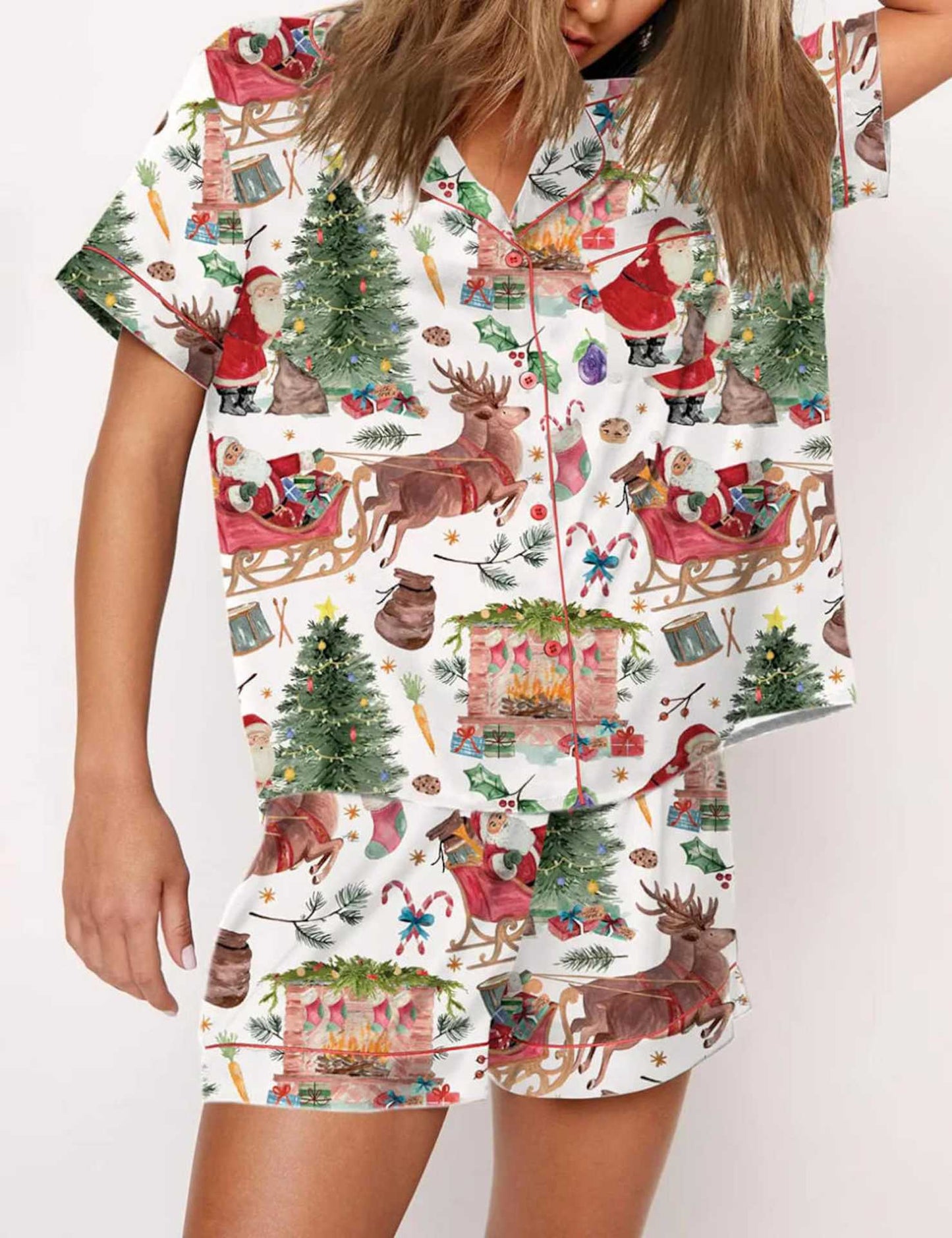 Autumn Christmas Digital Printing Lapel Short Casual Women's Home Pajamas Set