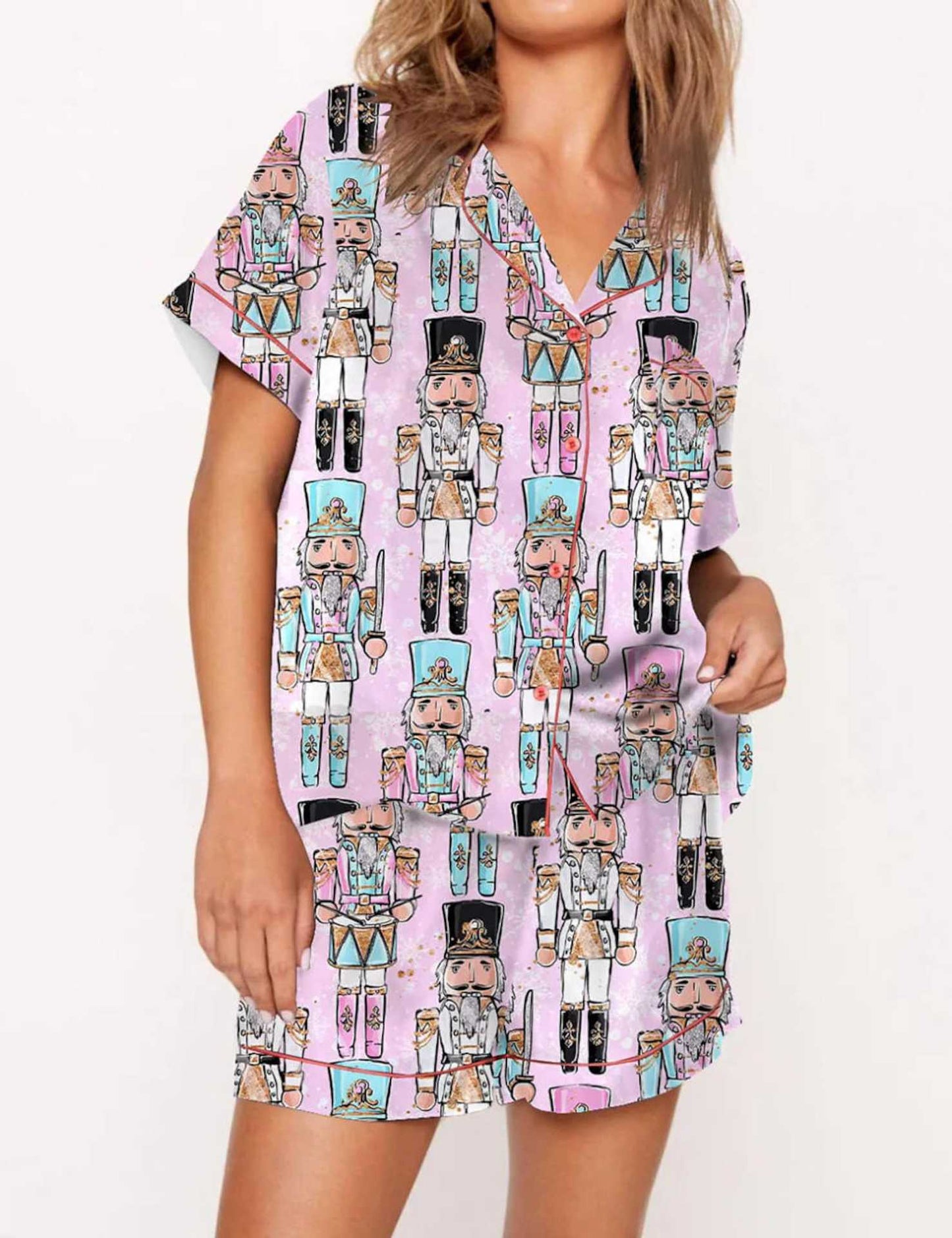 Autumn Christmas Digital Printing Lapel Short Casual Women's Home Pajamas Set