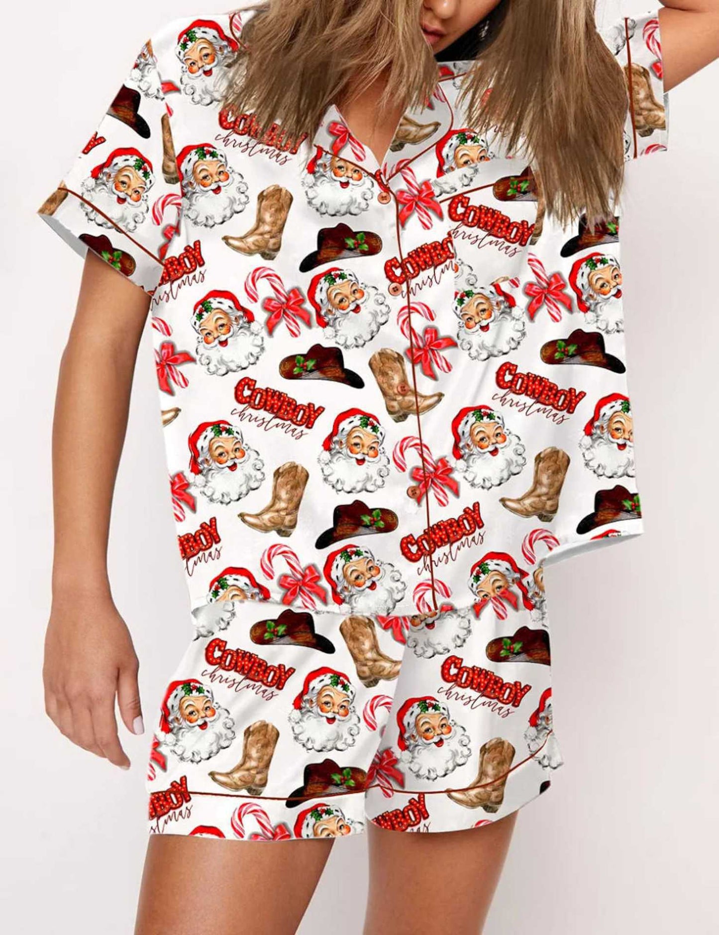 Autumn Christmas Digital Printing Lapel Short Casual Women's Home Pajamas Set