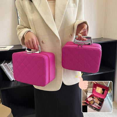 Rhombus-Embroidery Design Cosmetic Bag With Handle And Mirror