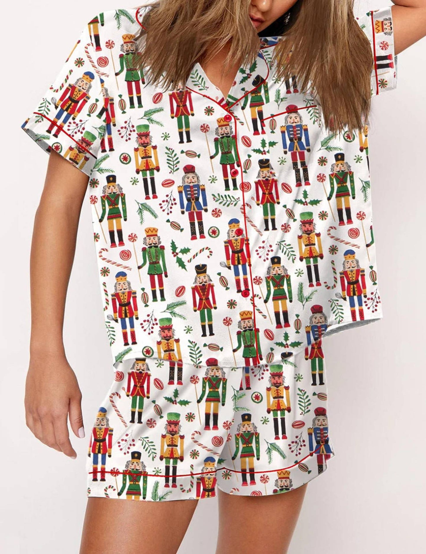 Autumn Christmas Digital Printing Lapel Short Casual Women's Home Pajamas Set