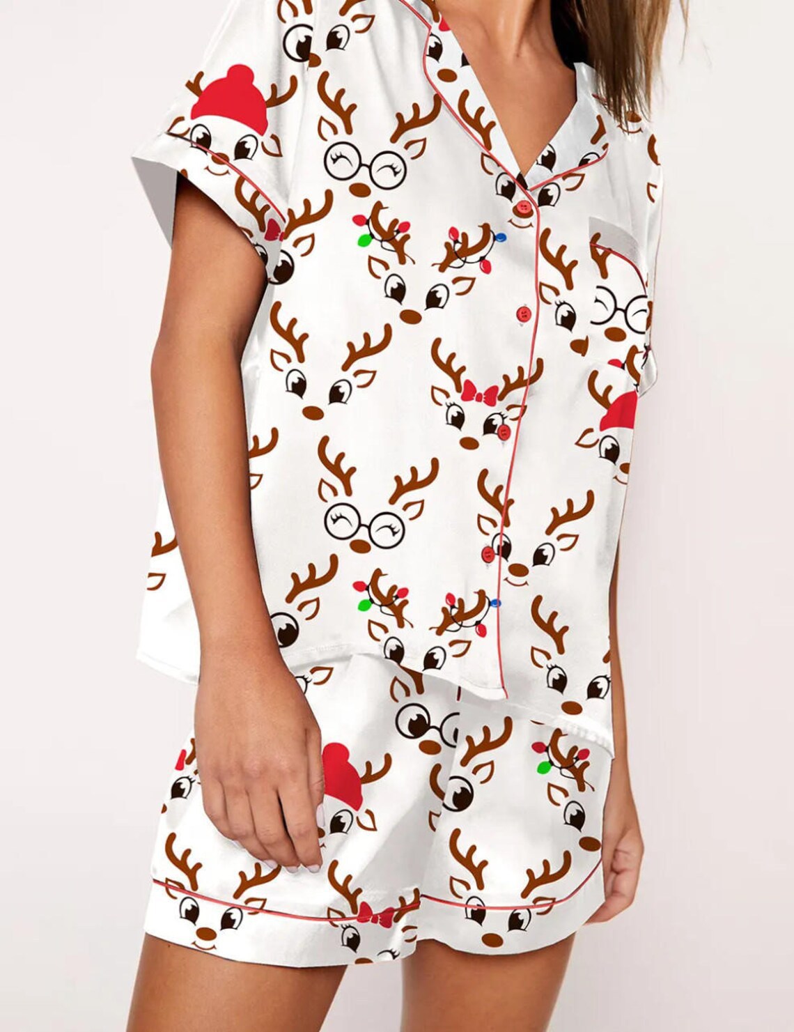 Autumn Christmas Digital Printing Lapel Short Casual Women's Home Pajamas Set