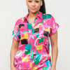 Satin Dolman Print Button Down Top And Shorts Set