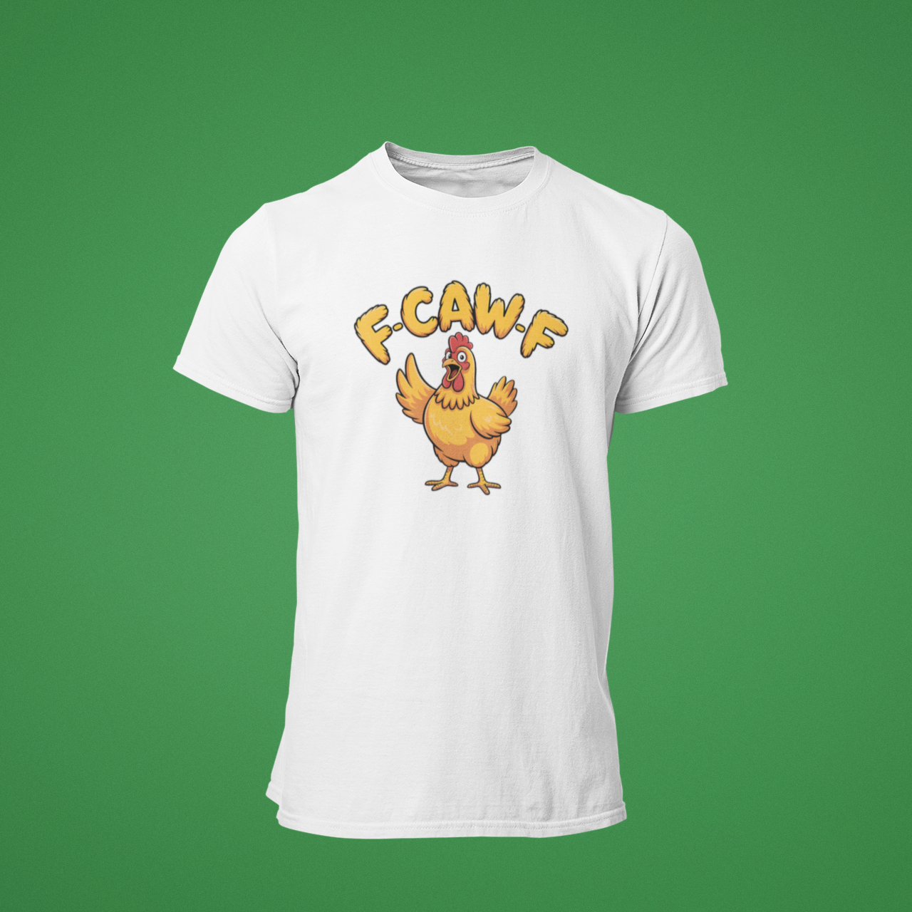 White t-shirt with a cartoon chicken and 'F-CAW-F' text on a green background