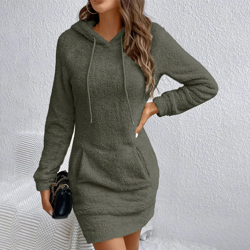 Women's Fuzzy Hoodie Dress - Slim Fit Long Sleeve Sweatshirt With Pocket, Cozy Casual Outfit