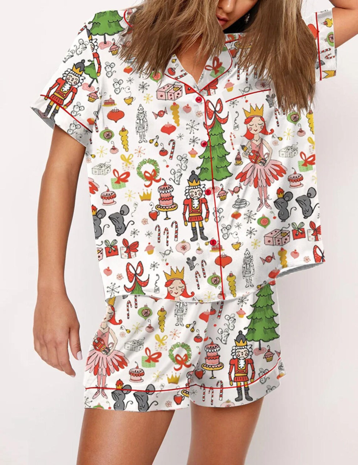 Autumn Christmas Digital Printing Lapel Short Casual Women's Home Pajamas Set