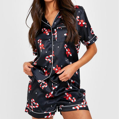 Autumn Christmas Digital Printing Lapel Short Casual Women's Home Pajamas Set